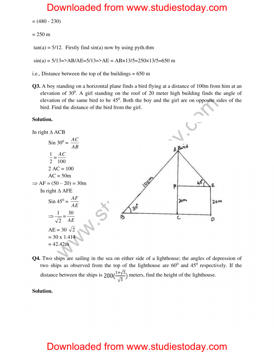 Cbse Class 10 Mathematics Hots Trigonometry Set B